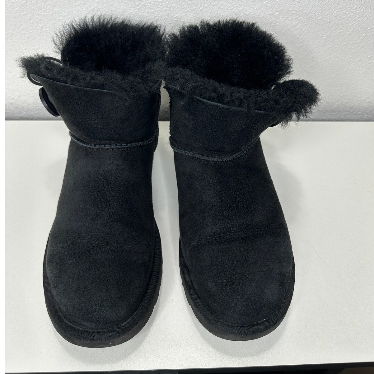 UGG Black Suede Furry Mini Bailey Button Ankle Boot 6