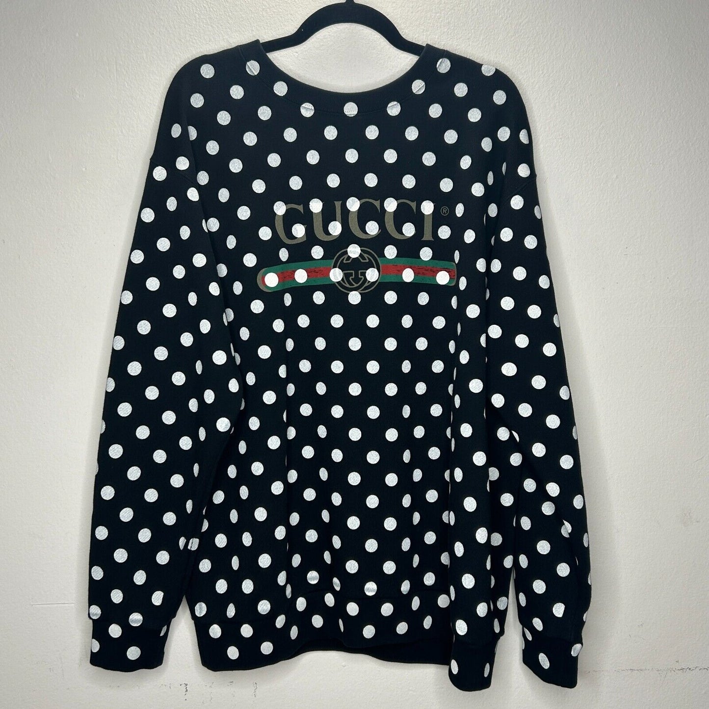 NWT Gucci Black & White Polka Dot Logo Long Sleeve Round Neck Sweatshirt L