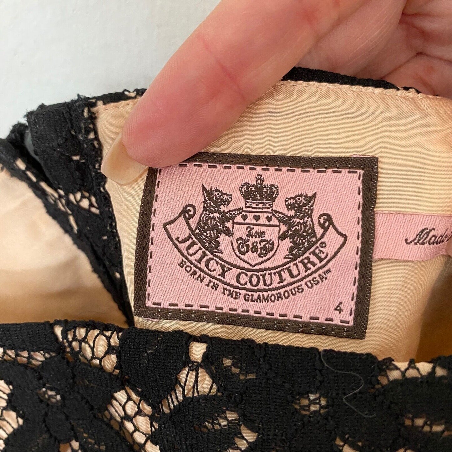 Juicy Couture Black Lace Tan Satin Lined Spaghetti Strap Zip Sheath Dress 4