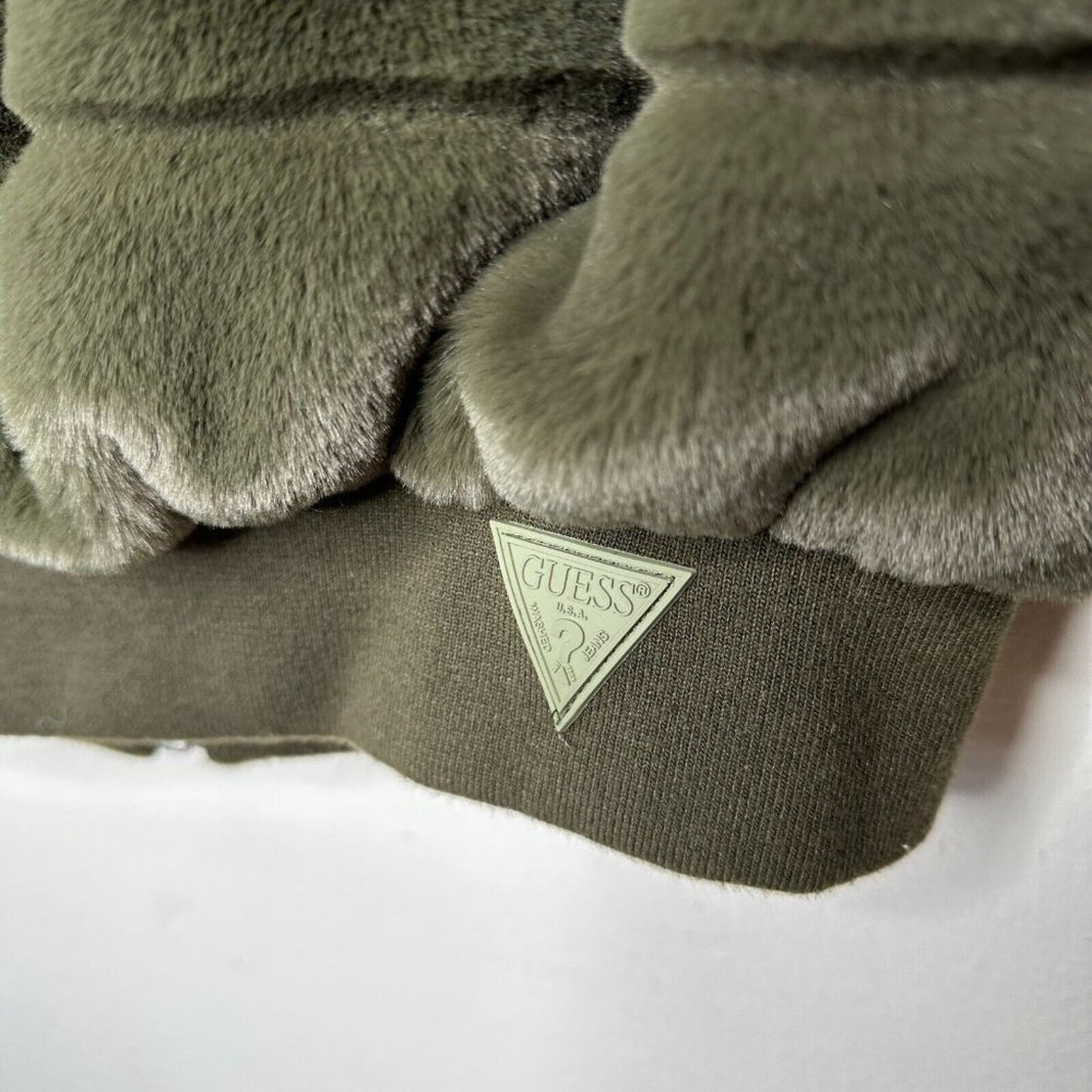 NWOT Guess Felicia Super Soft Olive Green Faux Fur Bomber Jacket Side Pockets XS
