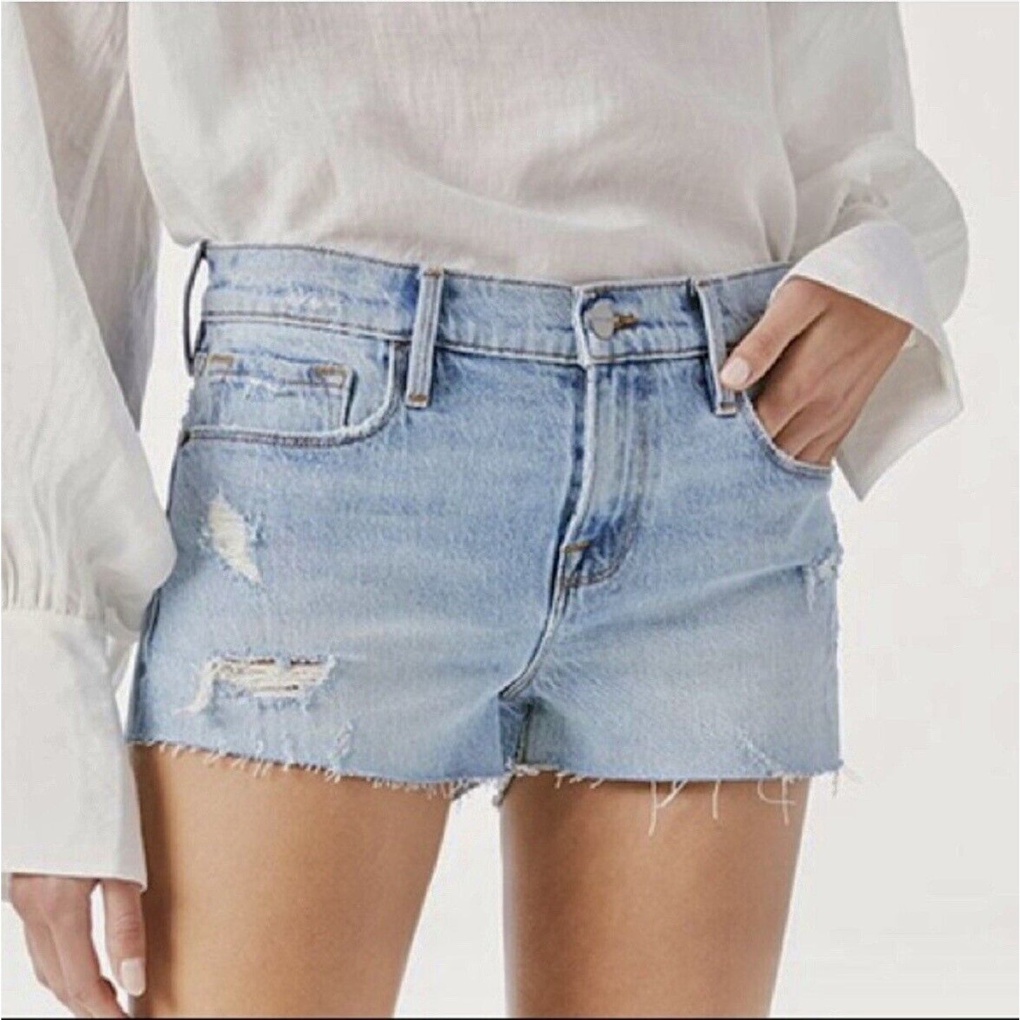 Frame Light Blue Medium Wash Kerouc Le Cutoff Raw Hem Front Zip Jean Shorts 31