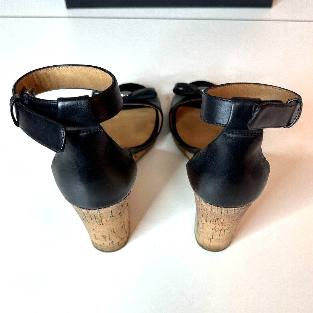 Marc by Marc Jacobs Black Leather & Cork Wedge Ankle Strap Sandals Silver 7.5