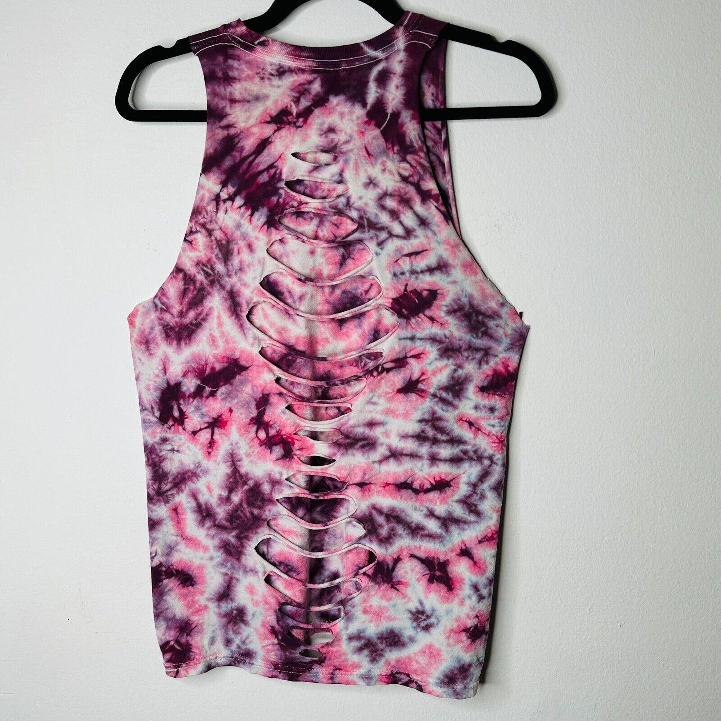 Sleeveless Cropped Hand Cut Out Plum & Pink Cream Tie Dye Crew Neck Top S