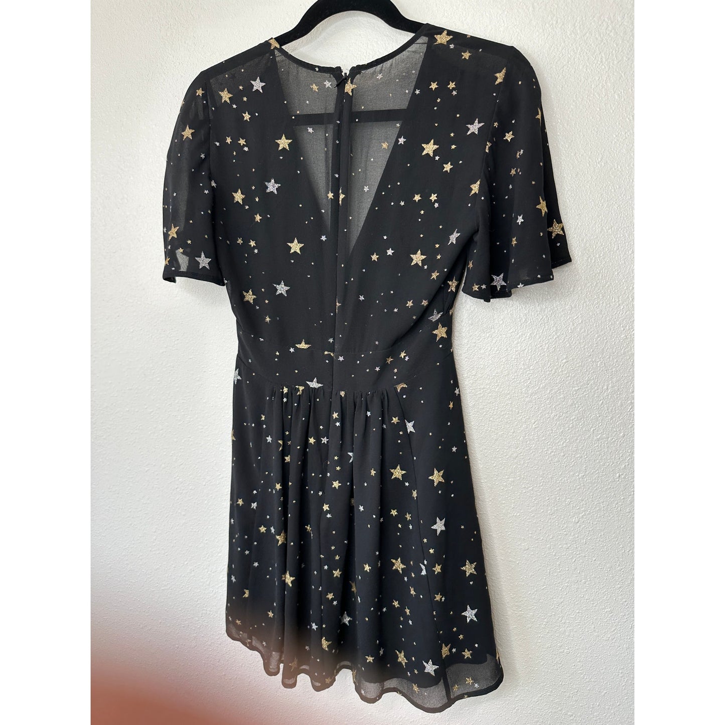 Privacy Please Ford Black Metallic Gold Silver Star Deep V Short Sleeve Dress XS