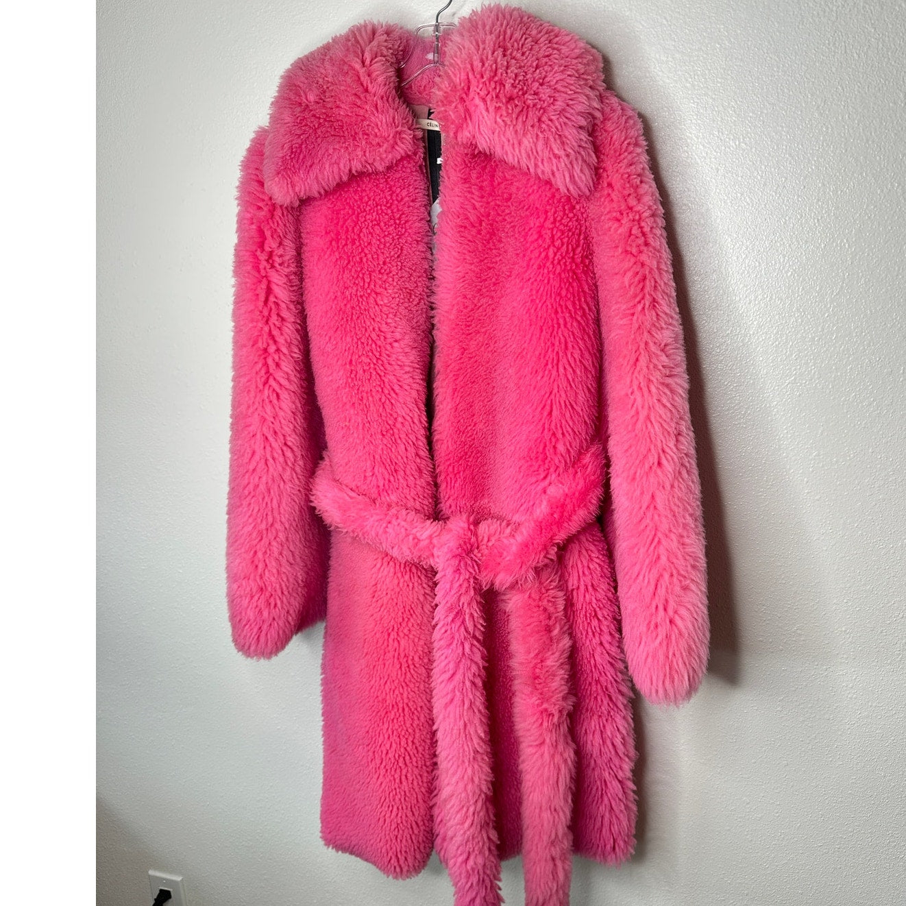 Celine Pink Shearling Belted Longline Coat Women’s Size 8