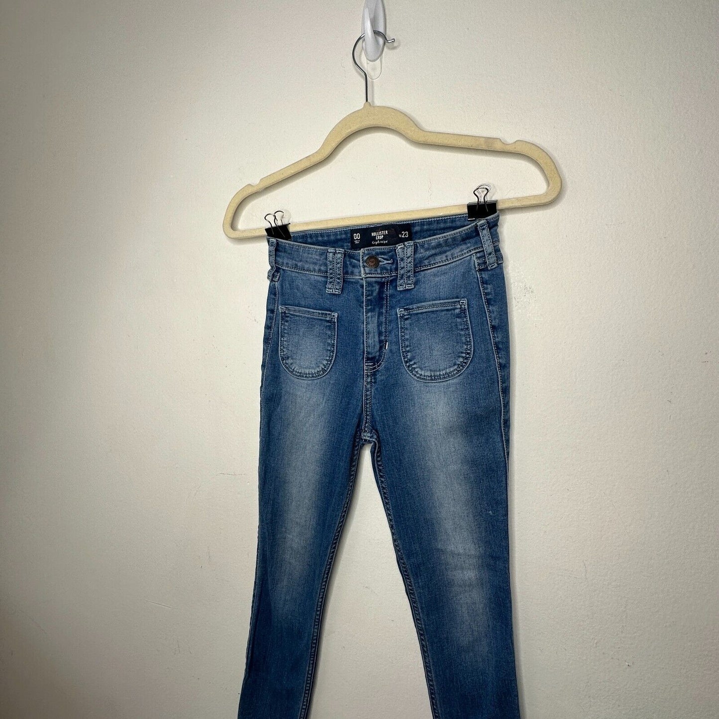 Hollister Medium Wash Crop Patch Pocket Hi-Rise Denim Skinny Jean Raw Hem 23 00