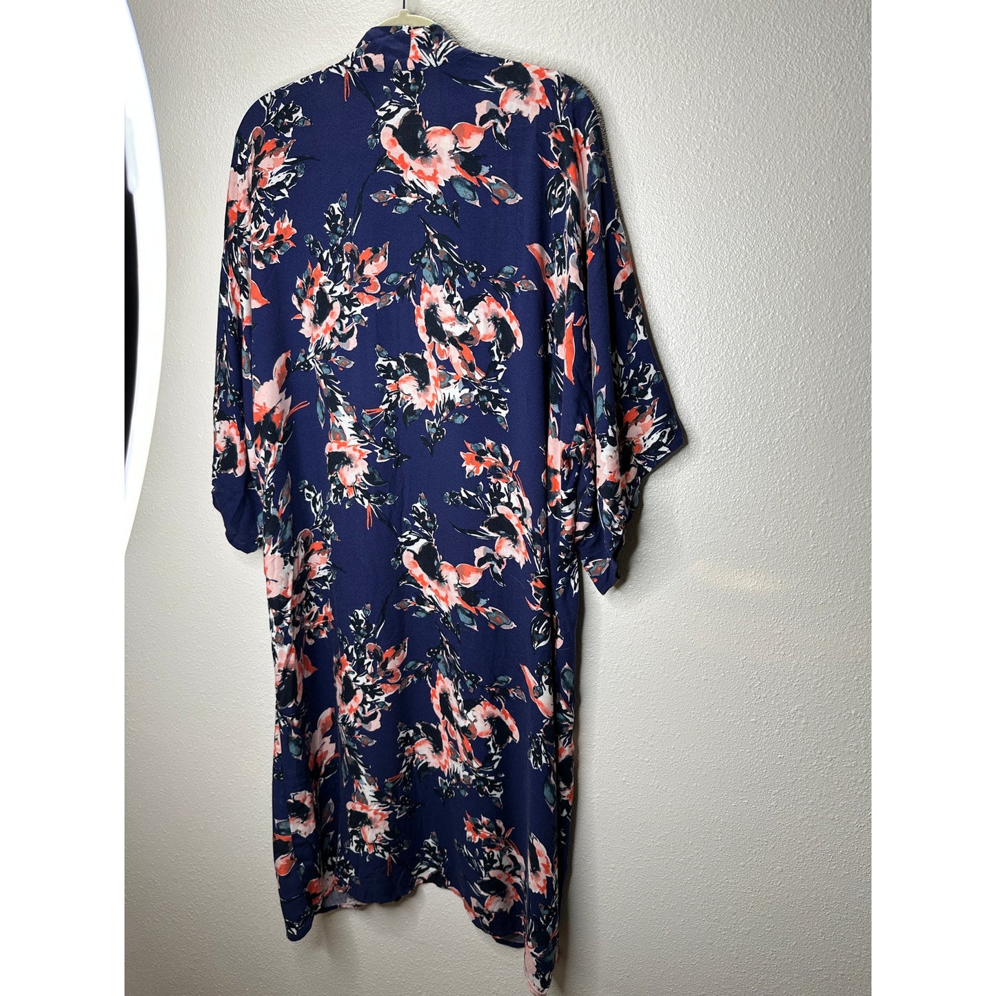 Splendid Navy Orange Ivory Multi Floral Short Sleeve Kimono Duster S