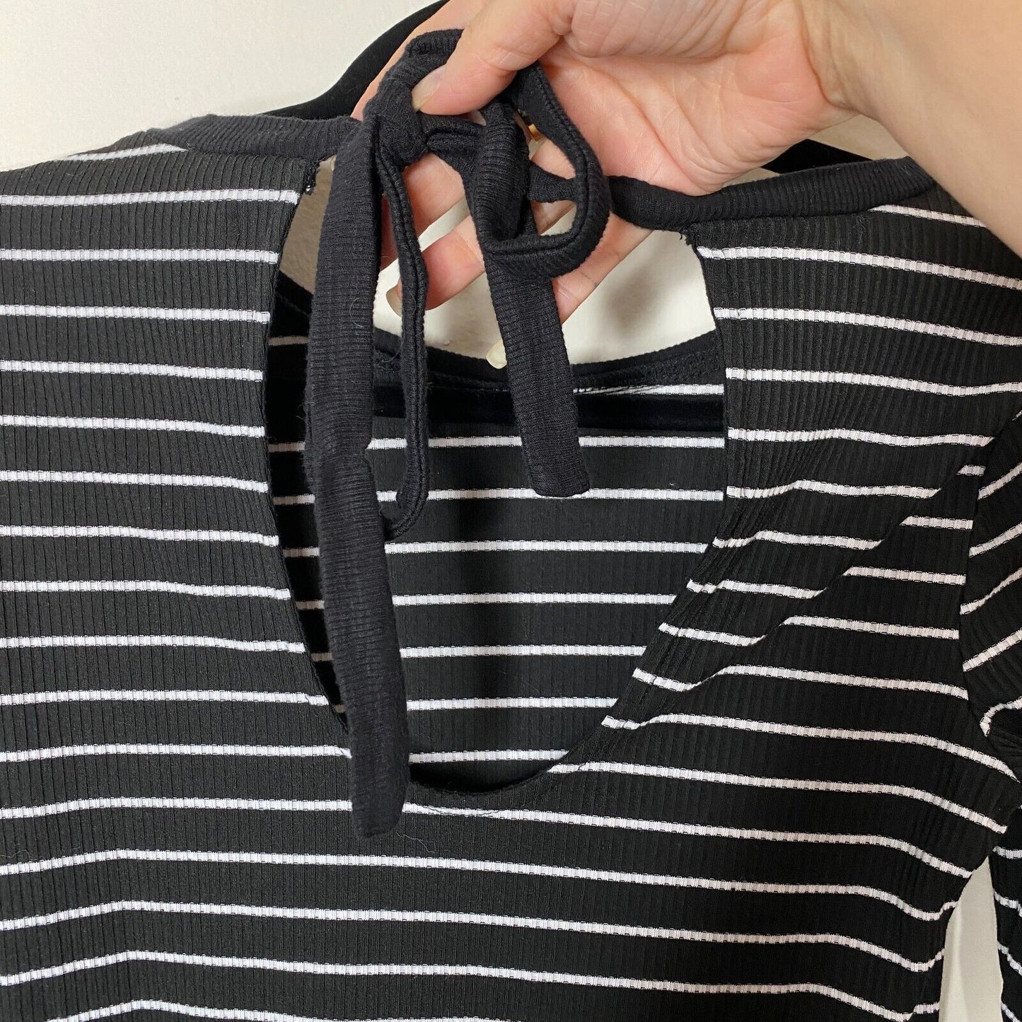 Saylor Black & White Stripe Tessa Bell Long Sleeve Keyhole Tie Knit Dress S