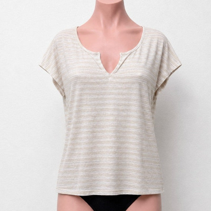 Old Navy Cream and White Striped V-Split Neck Tee Blouse Capped Sleeve Small