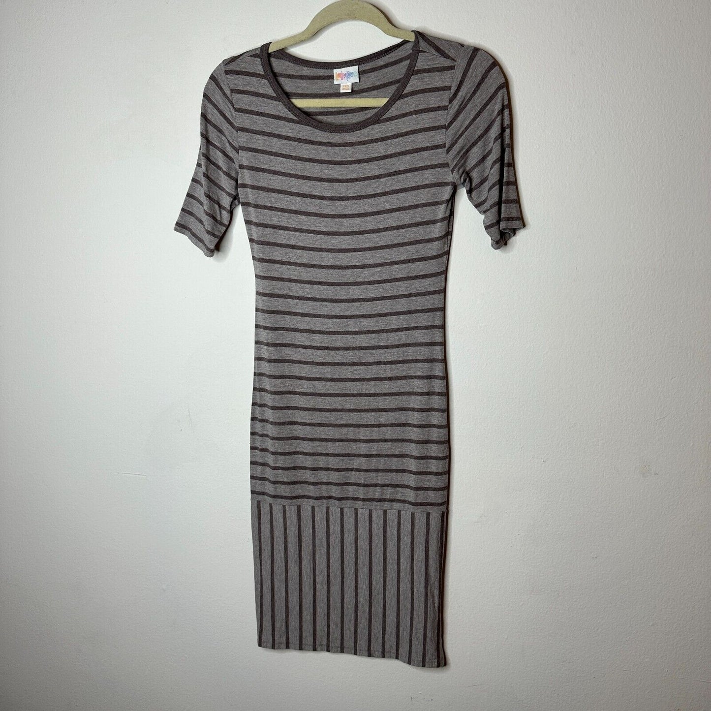 Julia Midi Gray-Stripe Short Sleeve Pullover Stretch Bodycon Dress XXS