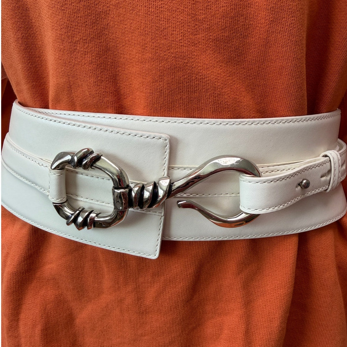 Alexander McQueen Ivory Calf Leather Wide Hook Waist Belt
