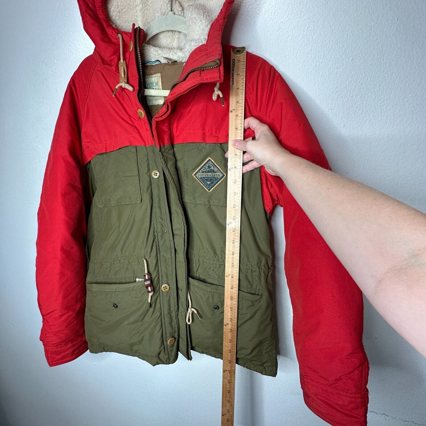 Scotch & Soda Olive Green & Red Front Zip Button Hooded Heavyweight Jacket M