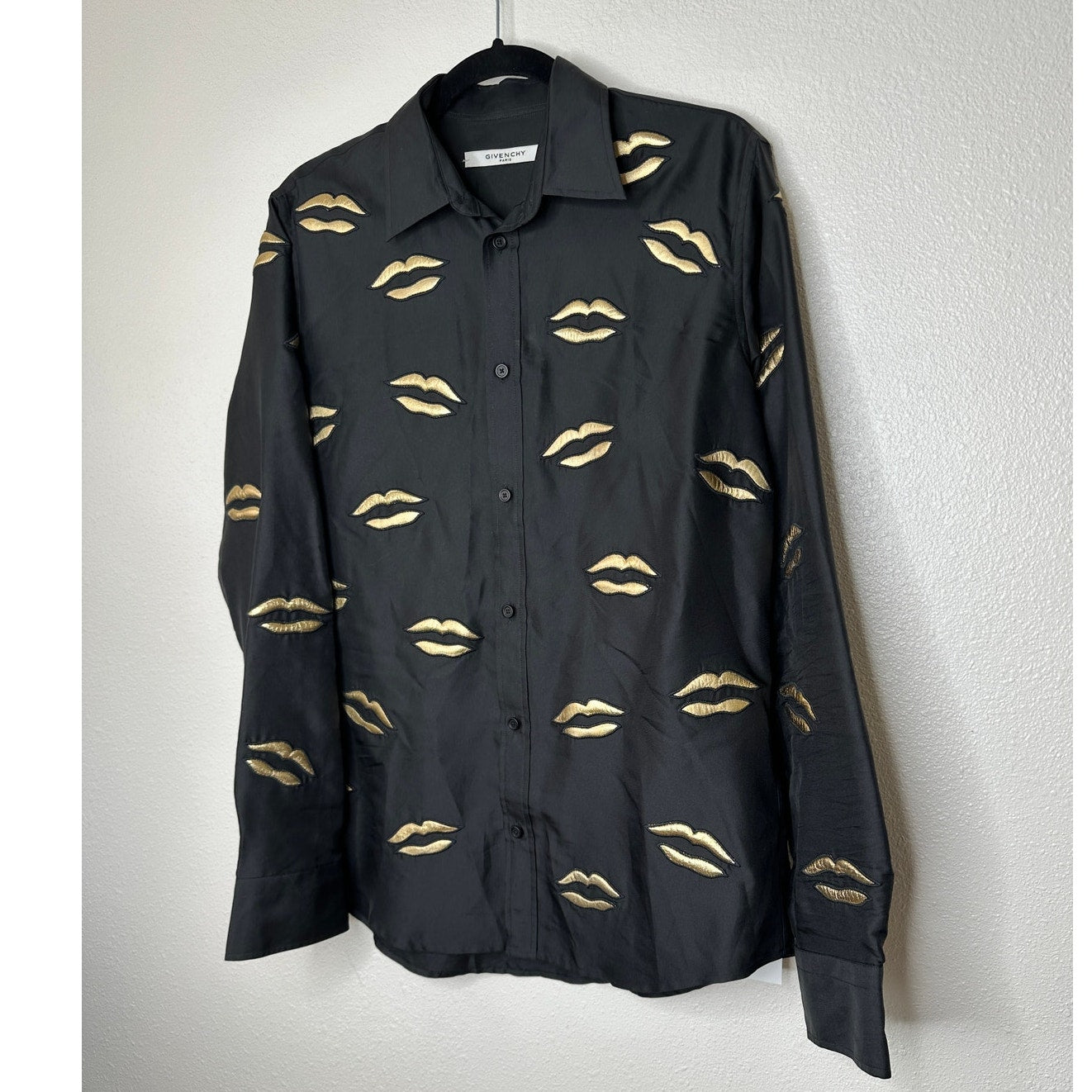 Givenchy Black with Gold Embroidery Lips Button Front Long Sleeve Shirt 38 / M
