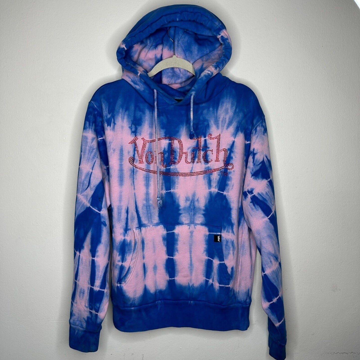Von Dutch SET Blue Pink Tie Dye Red Rhinestone Logo Oversize Hoodie & Pants