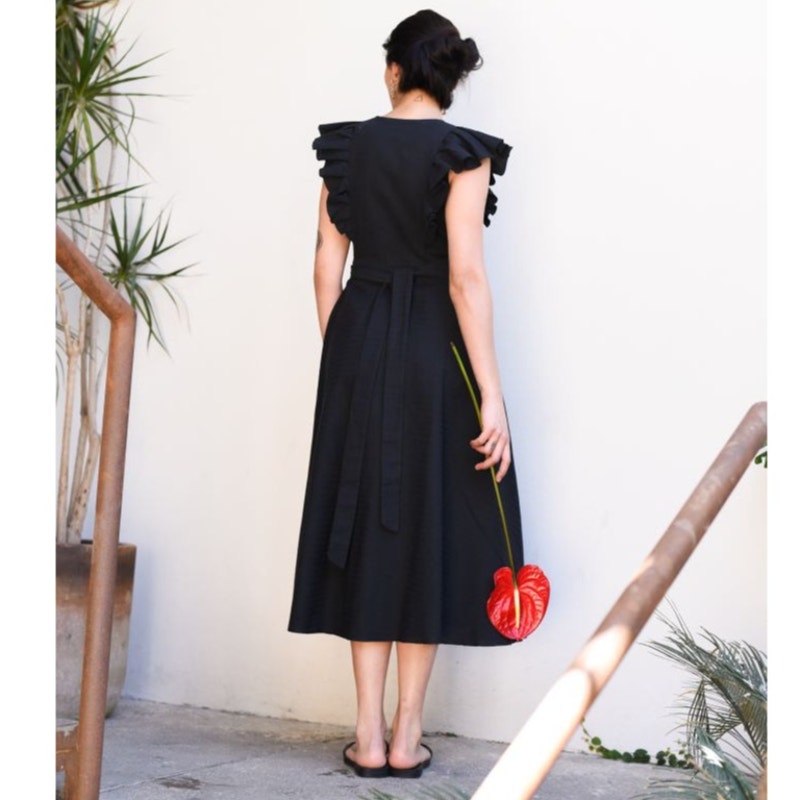 Subtropicalia Black Vera Ruffle Sleeveless Wrap Dress S