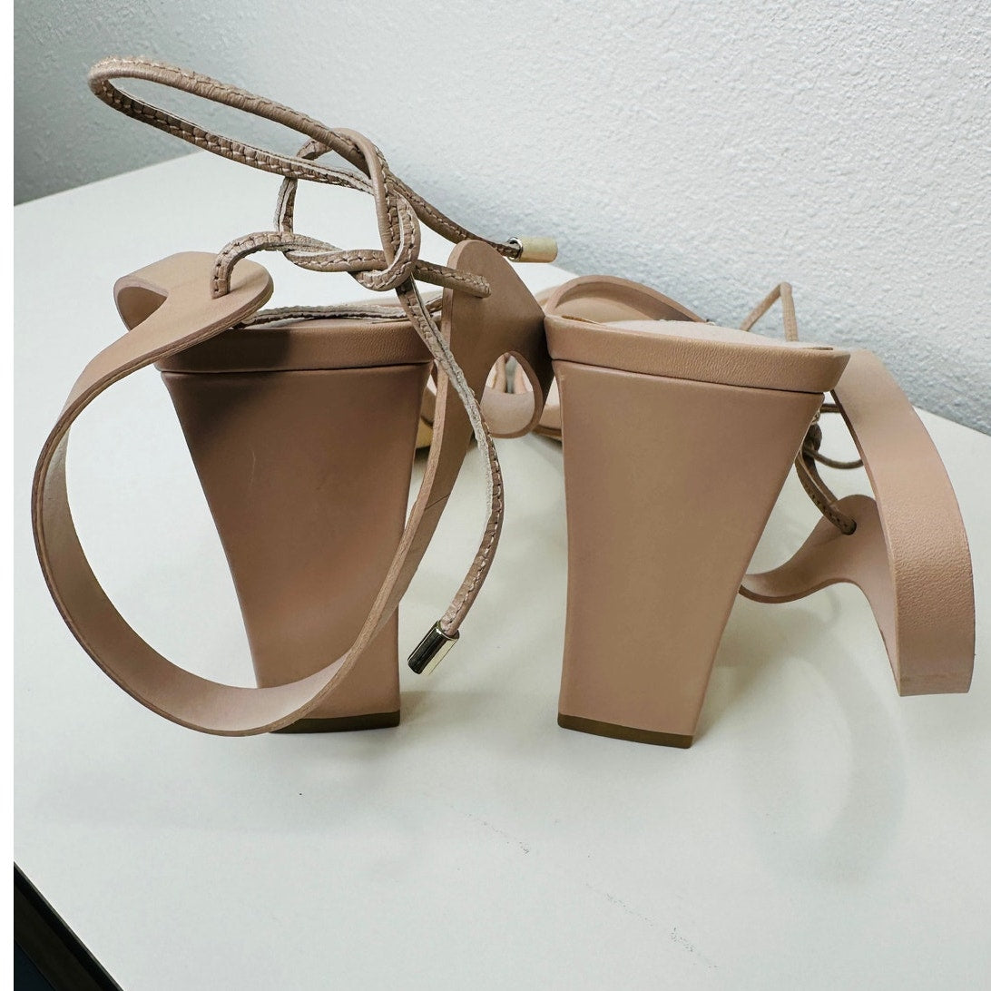 Nine West Tan Longitano Strappy Rectangle Heel Square Toe Sandal 7	t