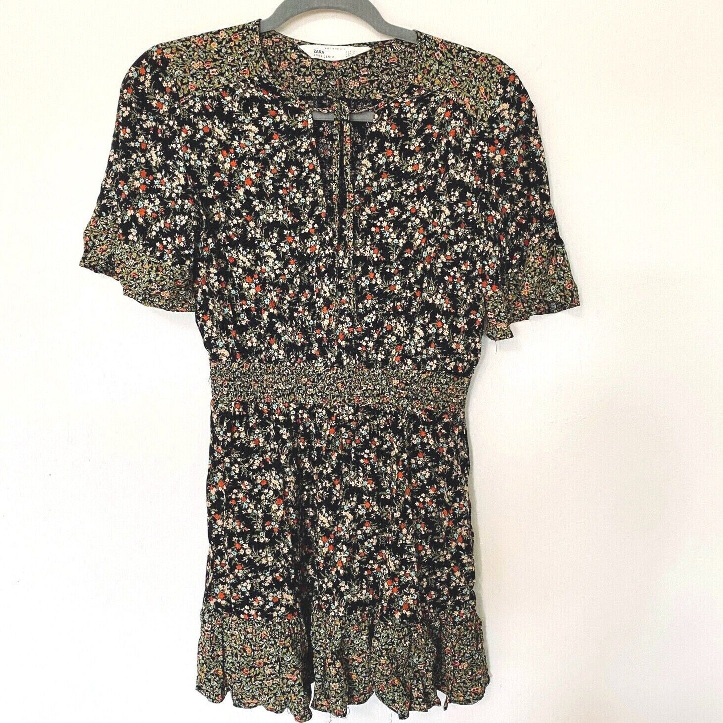 Zara Peasant Boho Black Multi Floral Tiered Ruffle Mini Sundress Tie Front Small