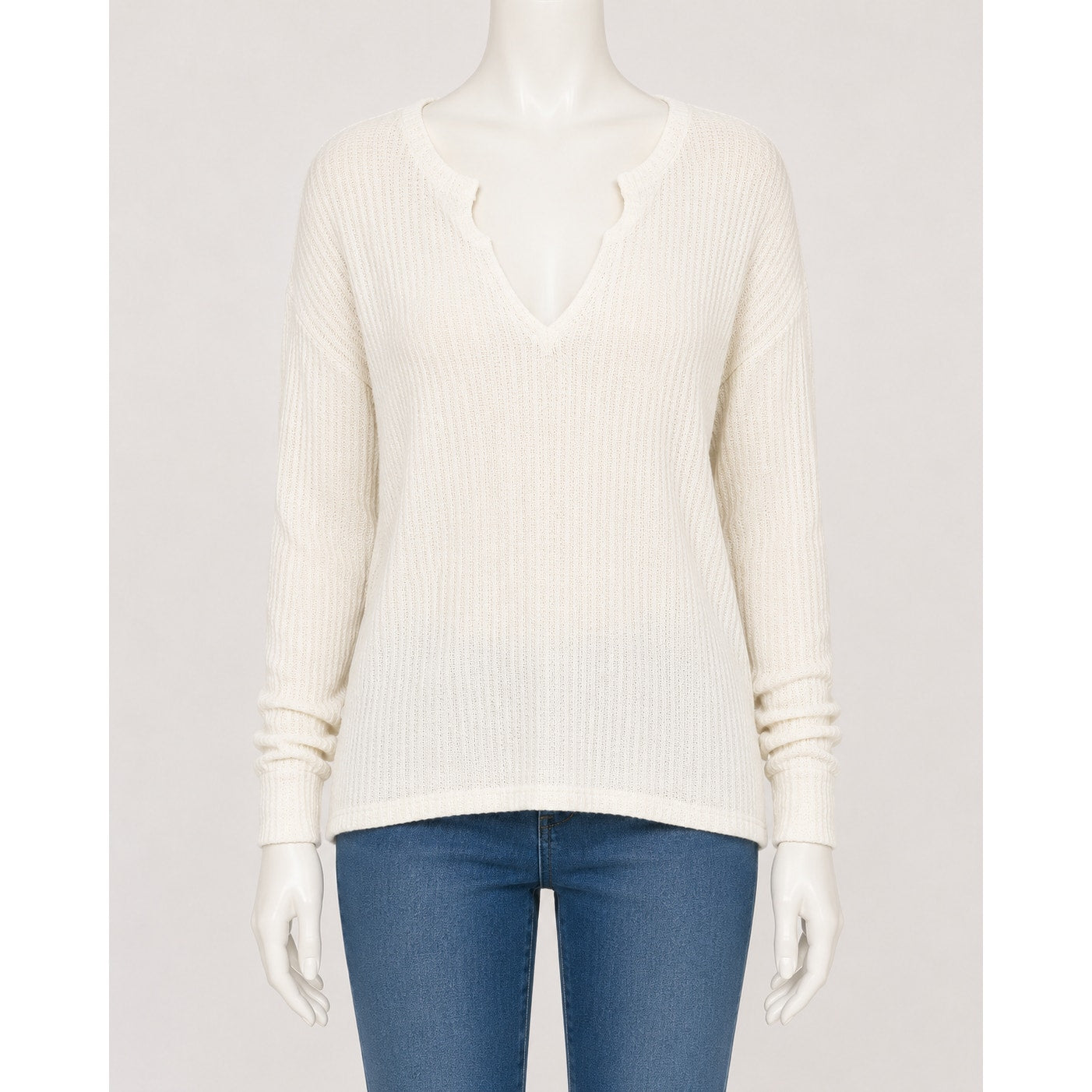 Chaser Vintage Cream Thermal Raw Split Neck Long Sleeve Soft Stretchy Top S