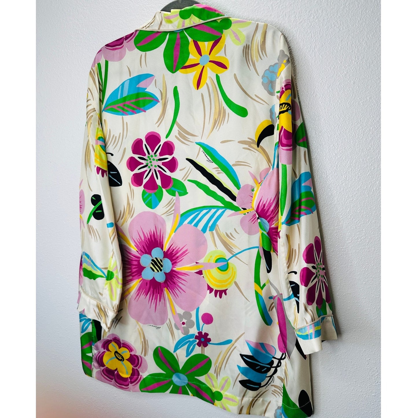 NWT Gucci Silk Tan Pink Blue Multi Floral Leaf Printed Blouse 46 / XL