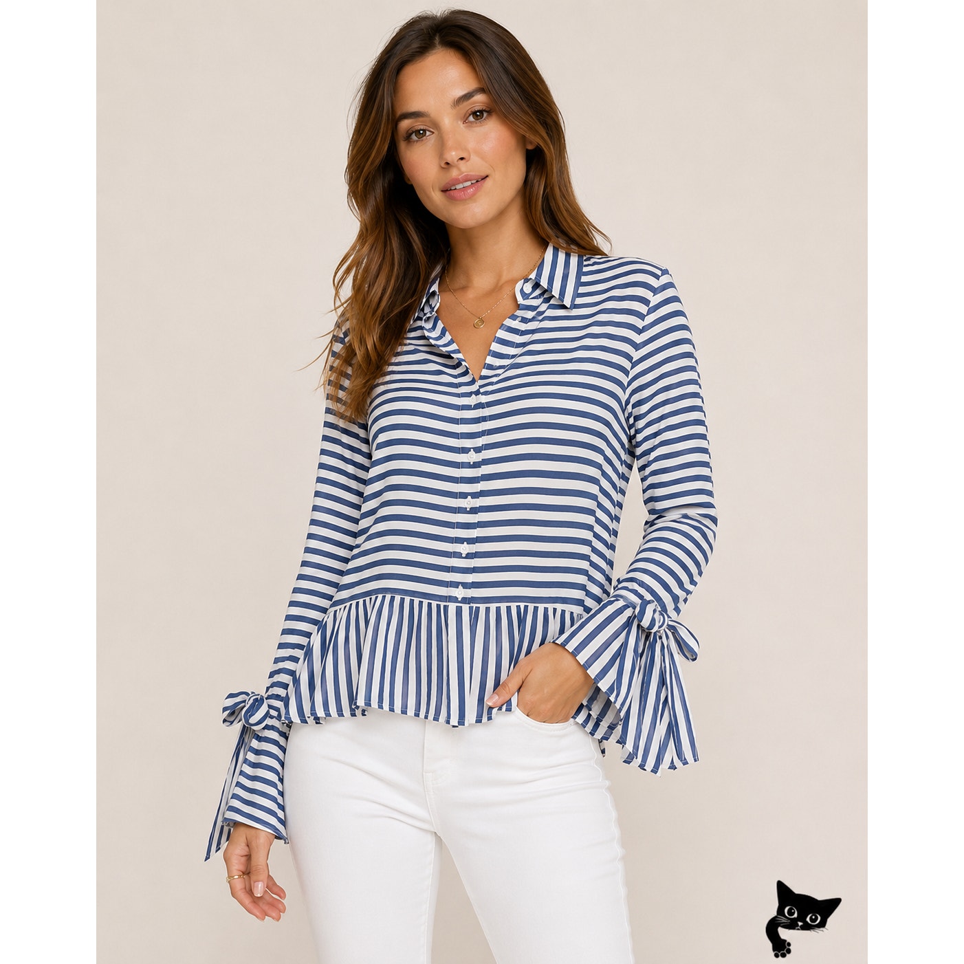 Artelier Blue and White Stripe Collar Button Down Bell Tie Sleeve Blouse XS