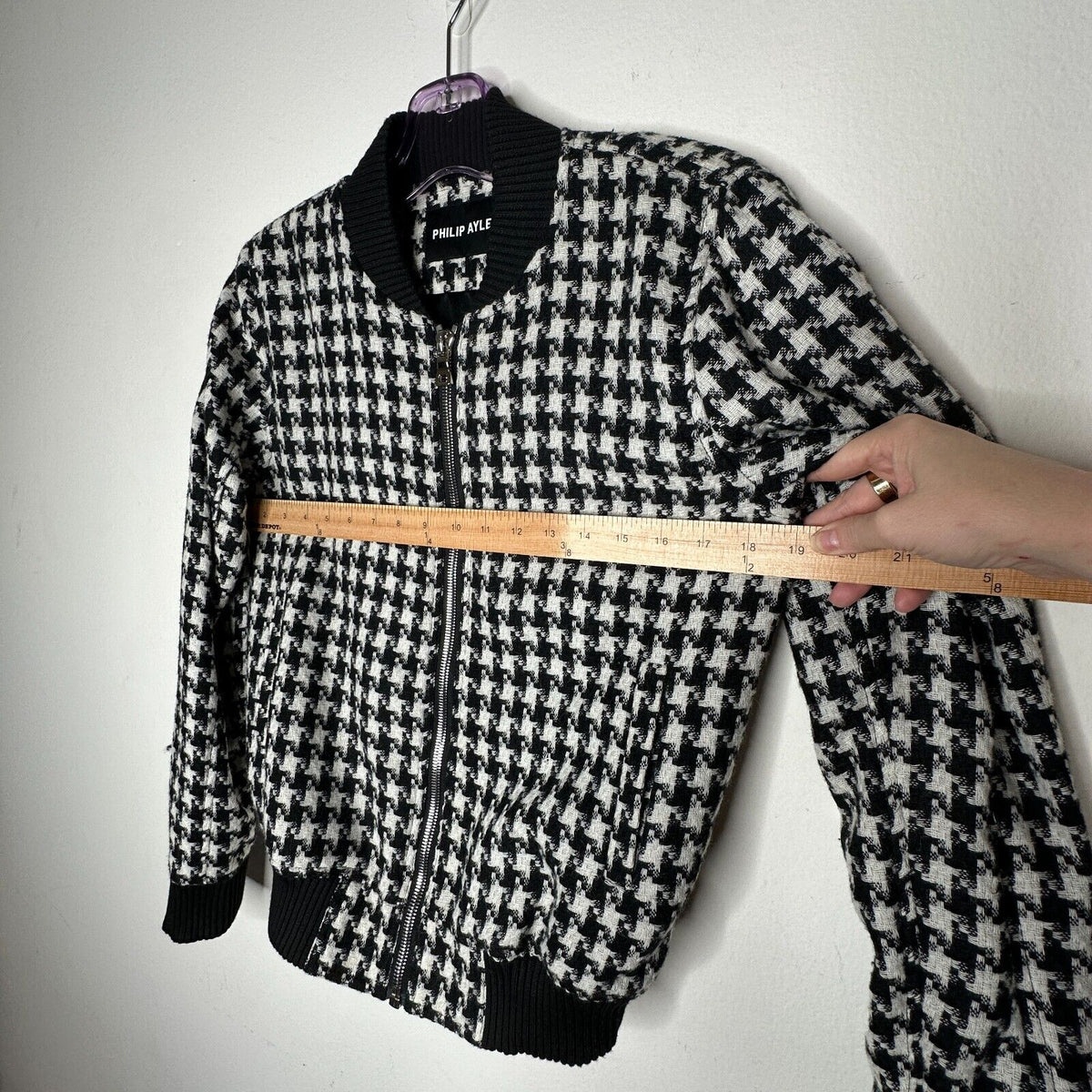 Philip Ayler White Black French Tweed Houndstooth Black Trim Zip Bomber Jacket