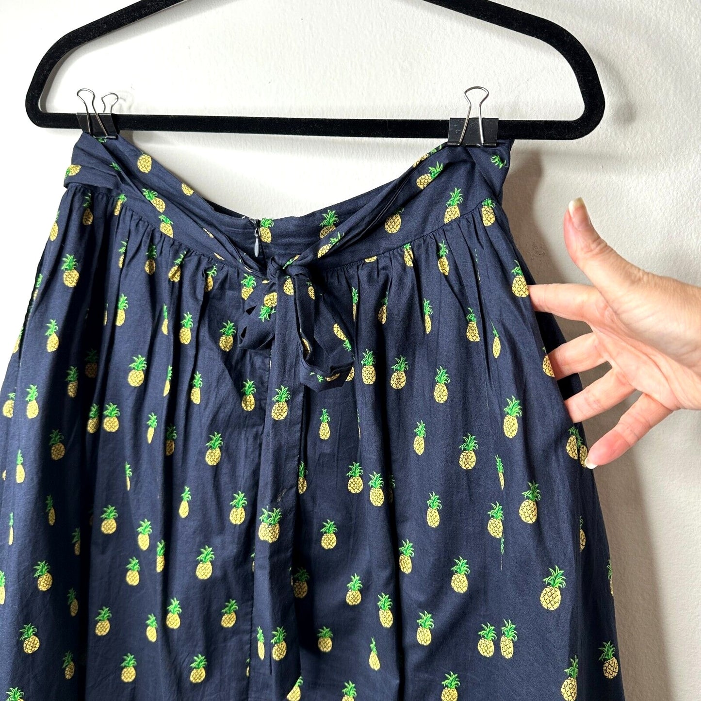 Mo:Vint NY Navy Pineapple Print Pleated Tie Pocket Circle Cotton Midi Skirt SM