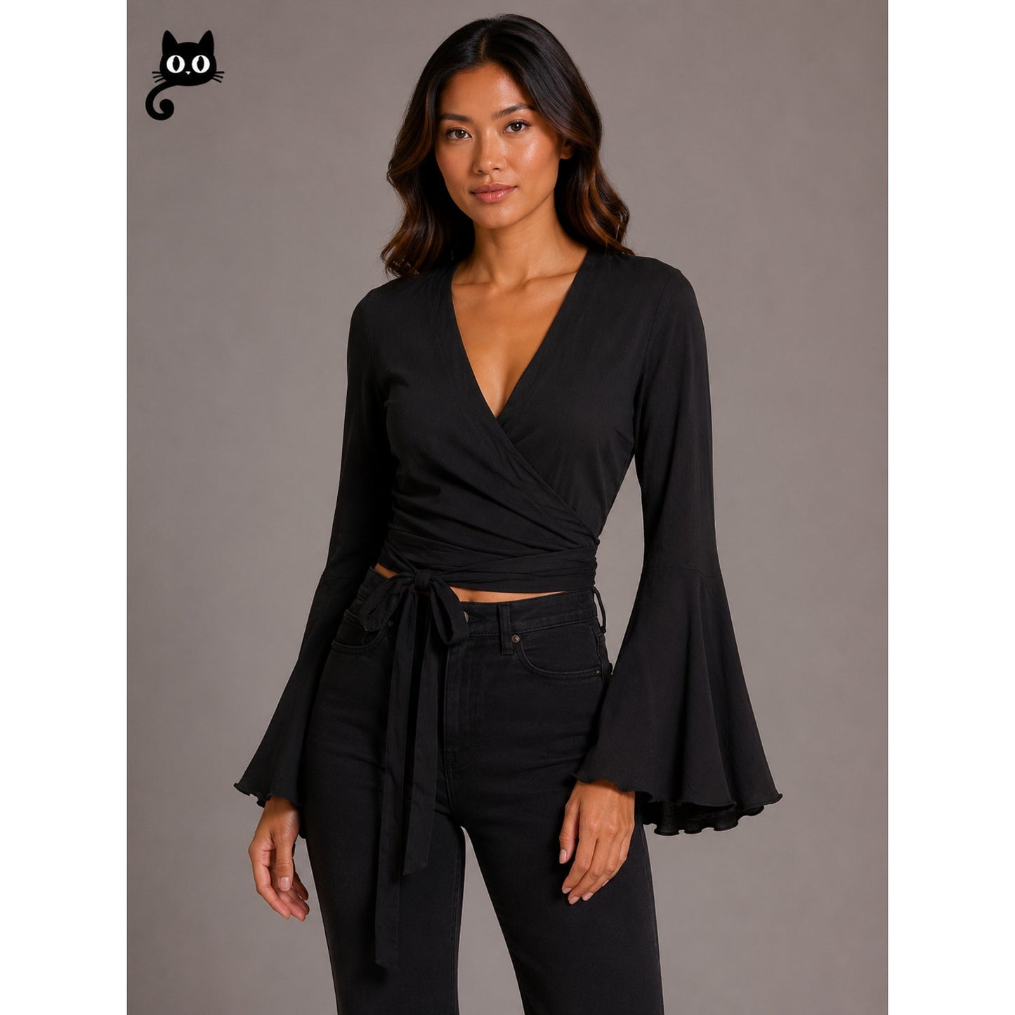NWT Revolve Indah Lucia Black Wrap Tie Waist Top Plunging VNeck Bell Sleeves XS
