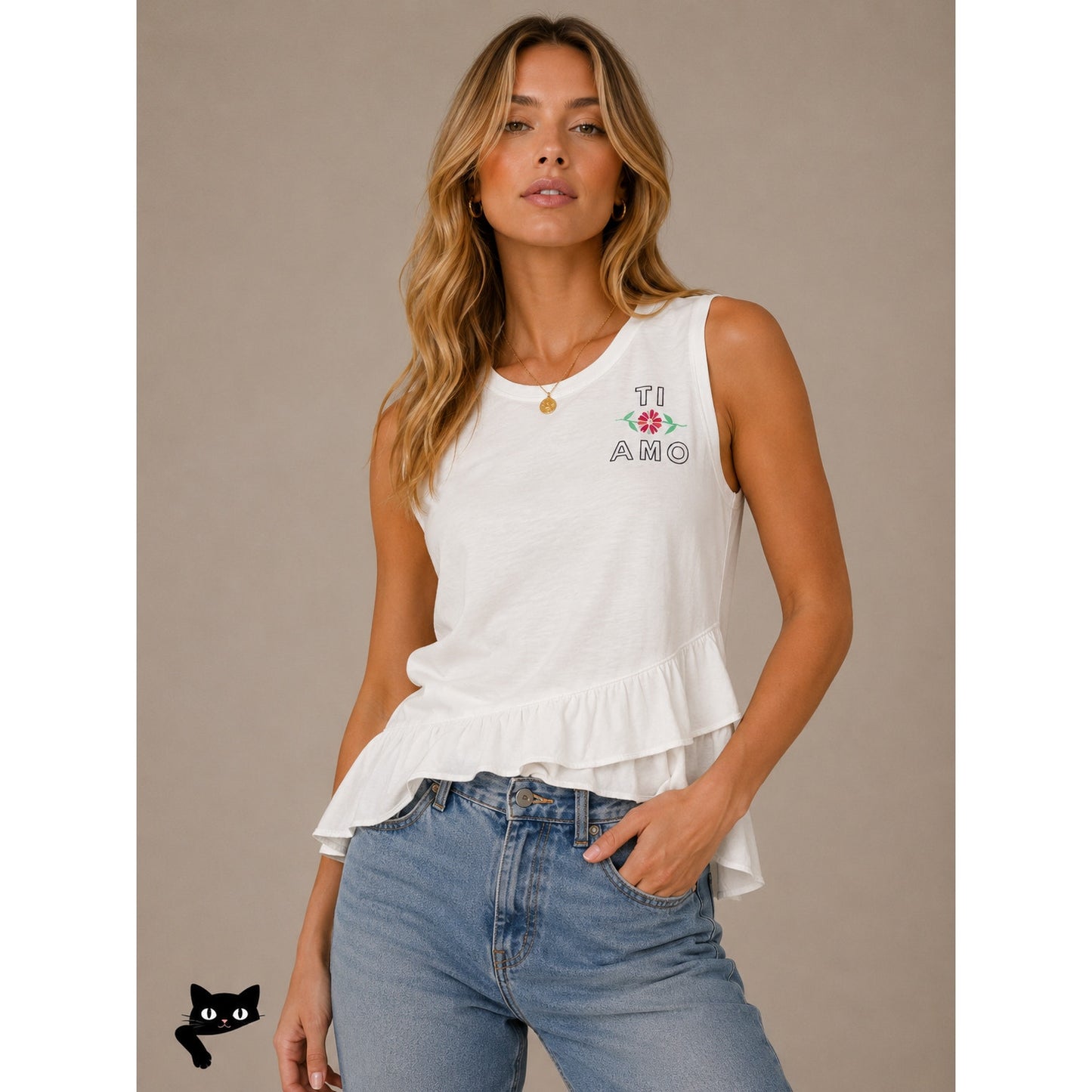 Sundry Ti Amo Graphic White Peplum Tee Tier Front Ruffle Relaxed Tank Top 2