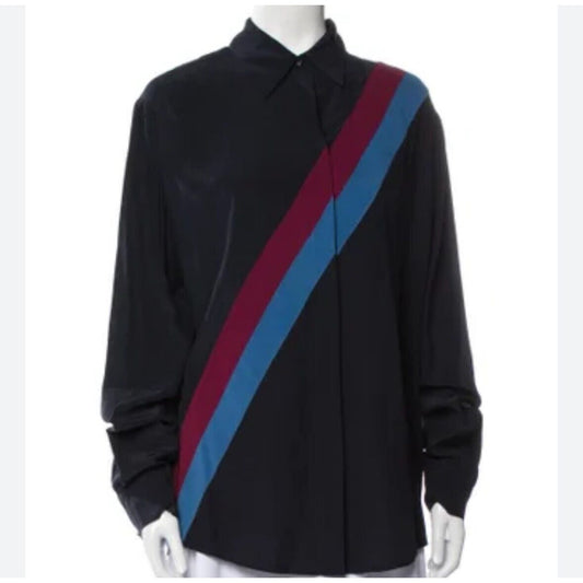 Stella McCartney Silk Black Blue & Red Diagonal Stripe Front Button Blouse Top