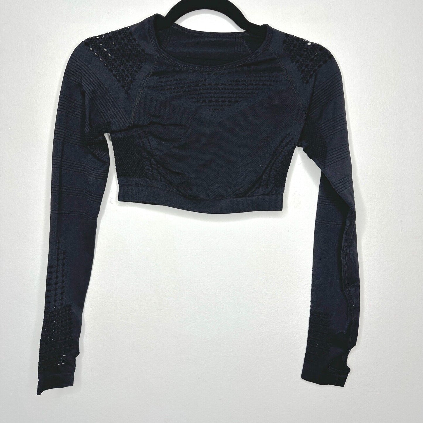 Jet Black Cropped Stretch Workout Top Long Sleeve Thumbholes Laser Cut Design SM