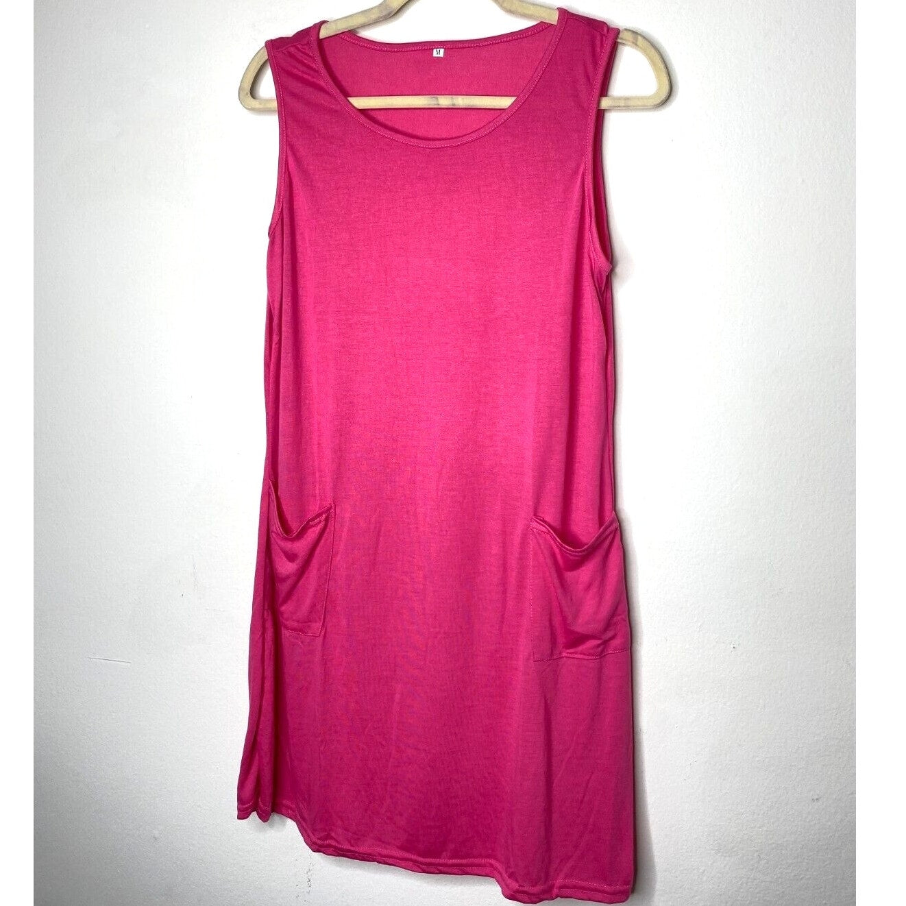 Sleeveless Hot Pink Stretch Knit Tank Mini Dress Scoop Neck Front Patch Pocket M