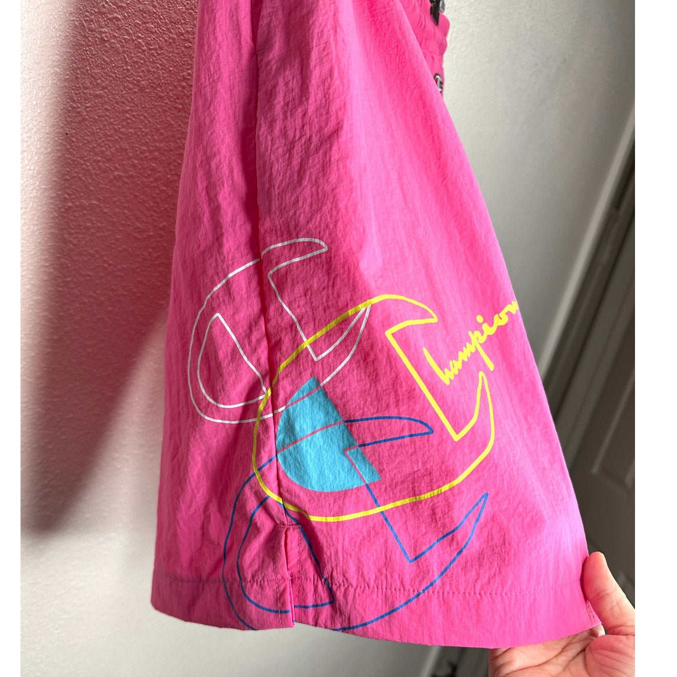 Champion Pink Lightweight Crinkle Nylon Lined Shorts Color Pop Logo L