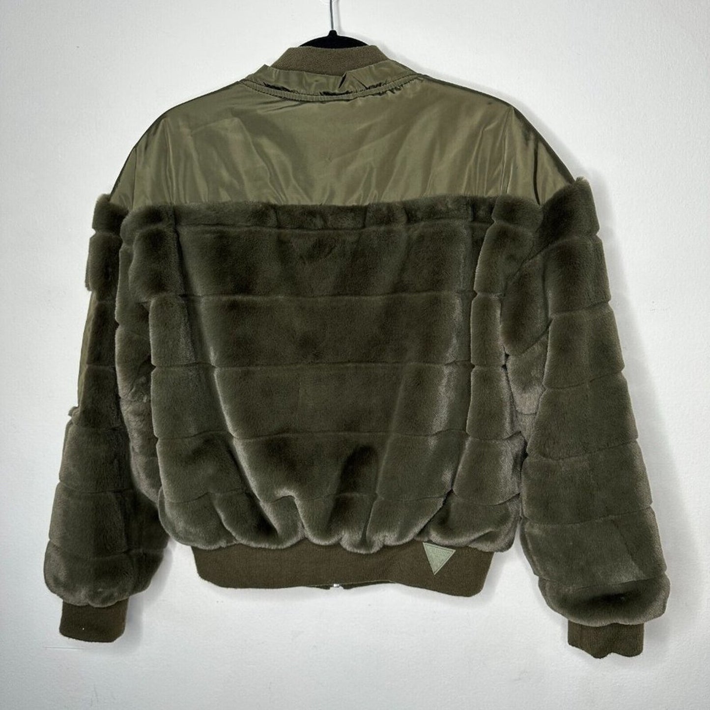 NWOT Guess Felicia Super Soft Olive Green Faux Fur Bomber Jacket Side Pockets XS