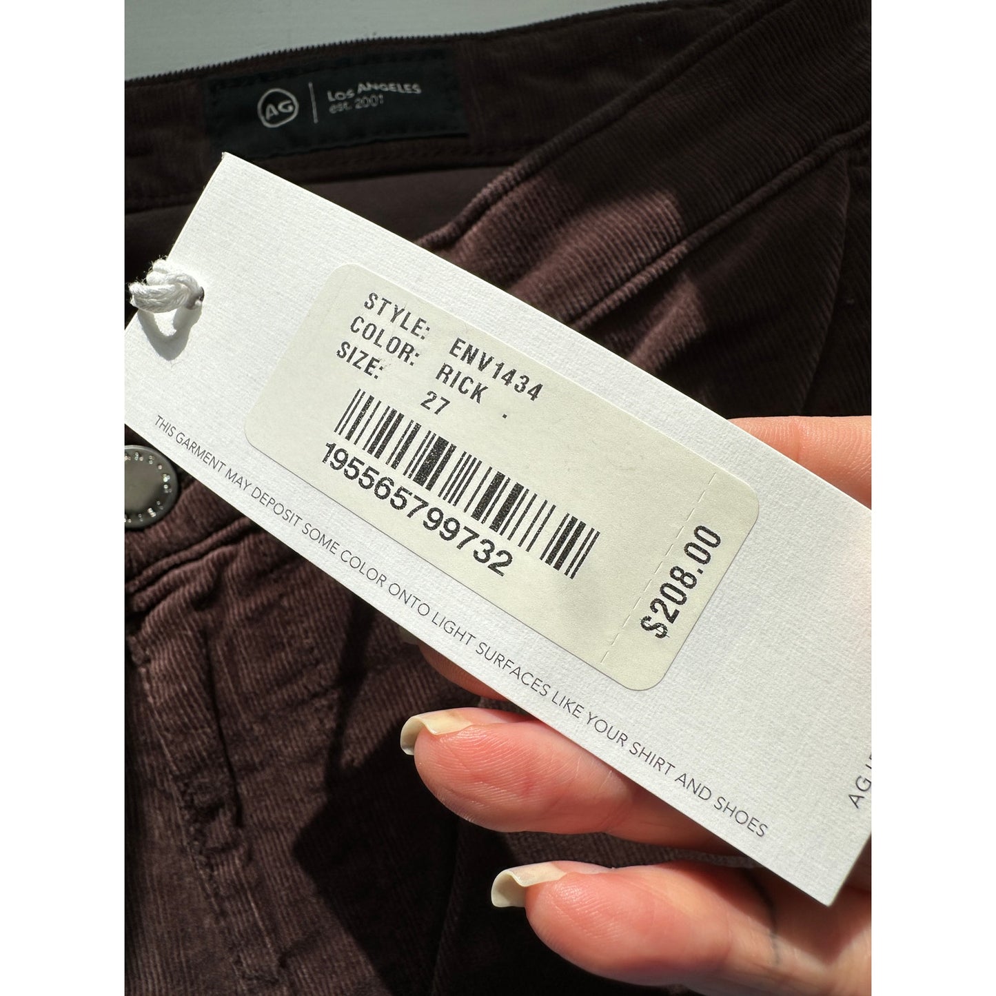 NWT Adriano Goldschmied Prima Corduroy Cigarette Pants Brown 27