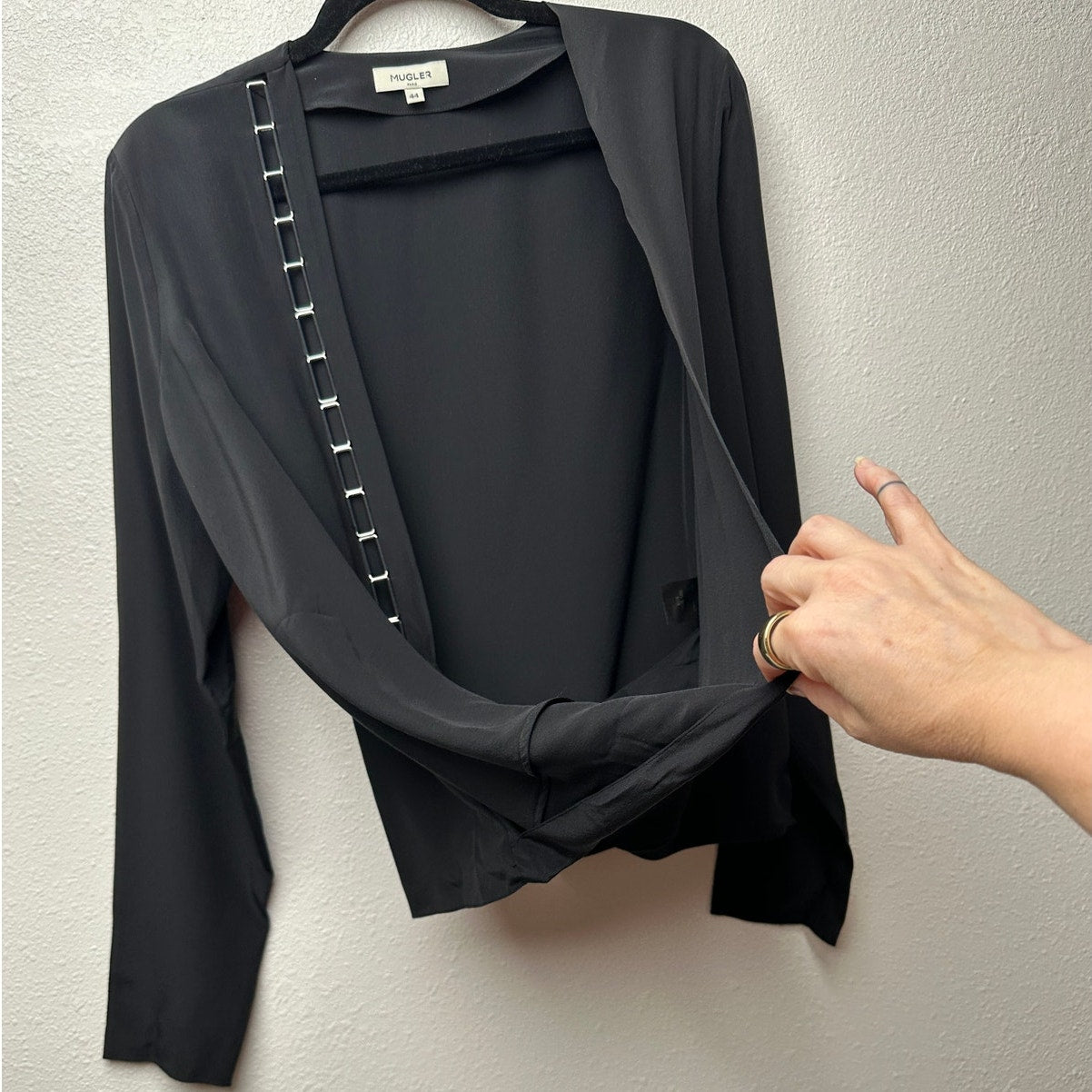 Mugler Black Silk Faux Wrap Chain Detail Blouse Women’s US 12