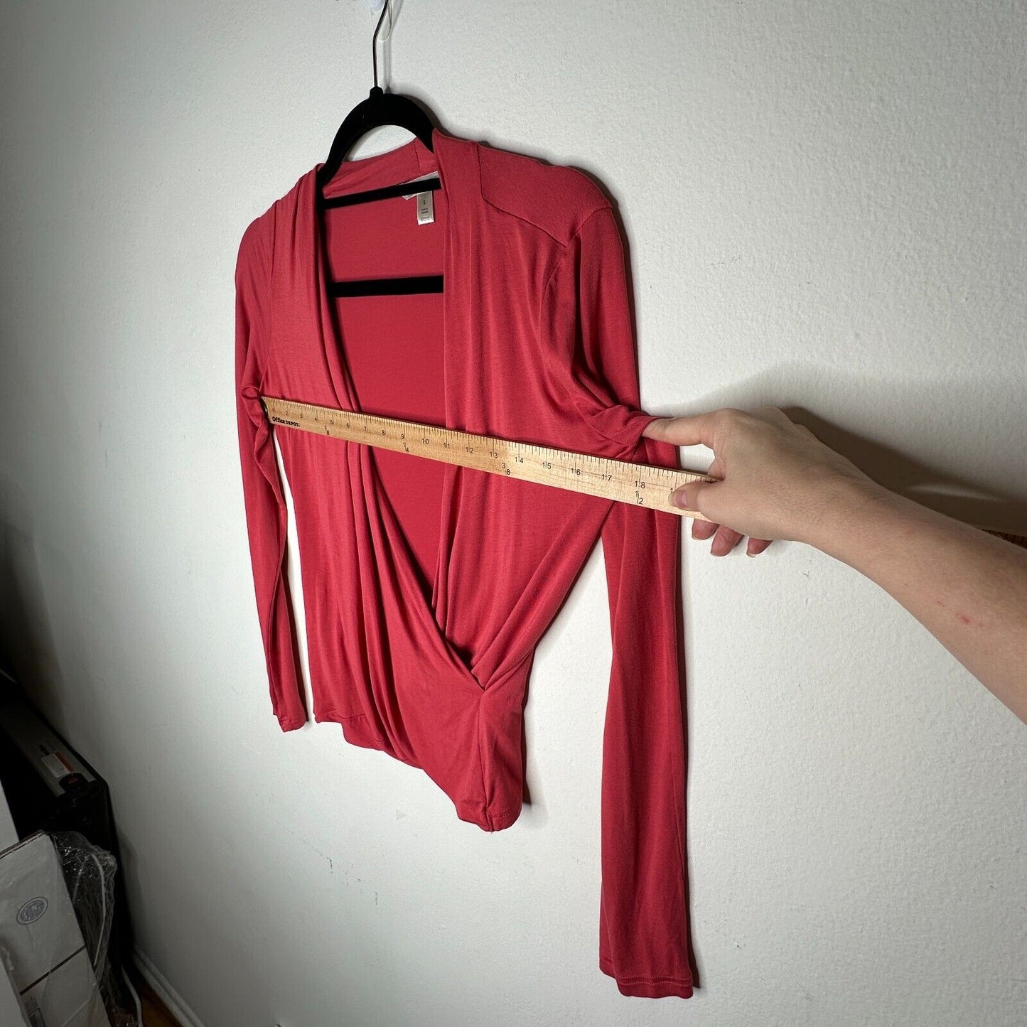 Banana Republic Dark Coral Long Sleeve Deep Draped VNeck Faux Wrap Top S