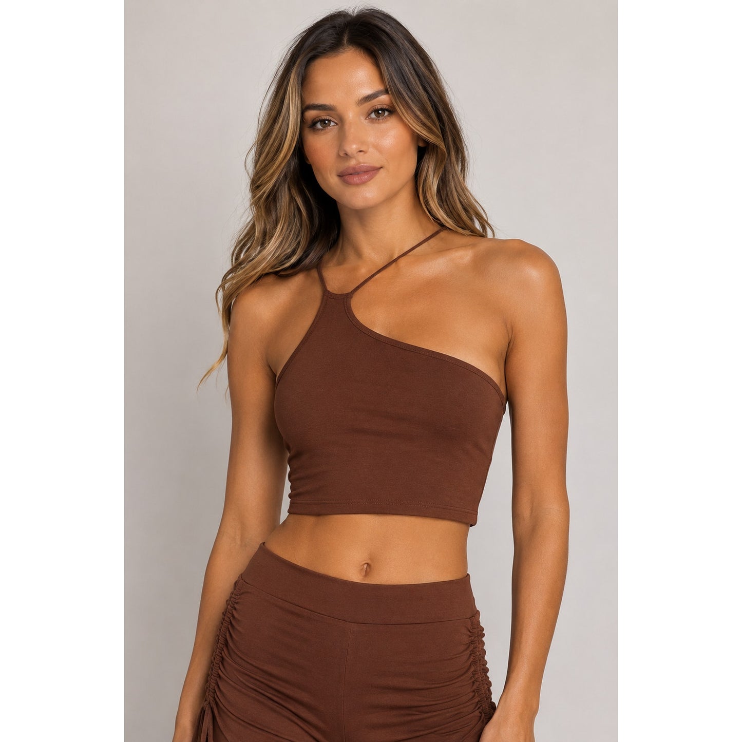 Alix NYC Chocolate Brown Avon Asymmetrical One Shoulder Thin Strap Crop Top S