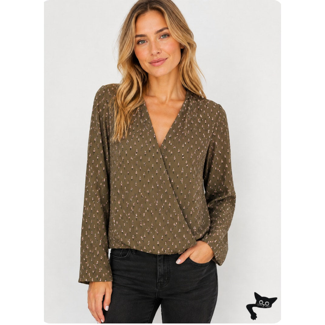 Allison Joy Faux-Wrap Brown Pink Blue Floral Print Design Long Sleeve Blouse XS