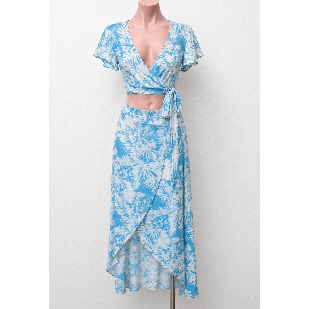 Sugarcloth SET Ivory Blue Floral Crop Top & Faux Wrap Skirt S