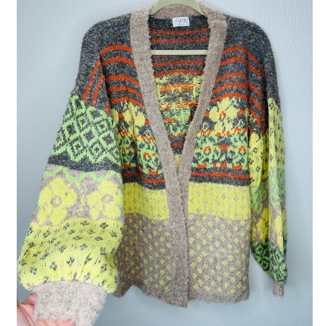 Fate Yellow Tan Gray Multi Floral & Stripe Print Open Front Cardigan XS