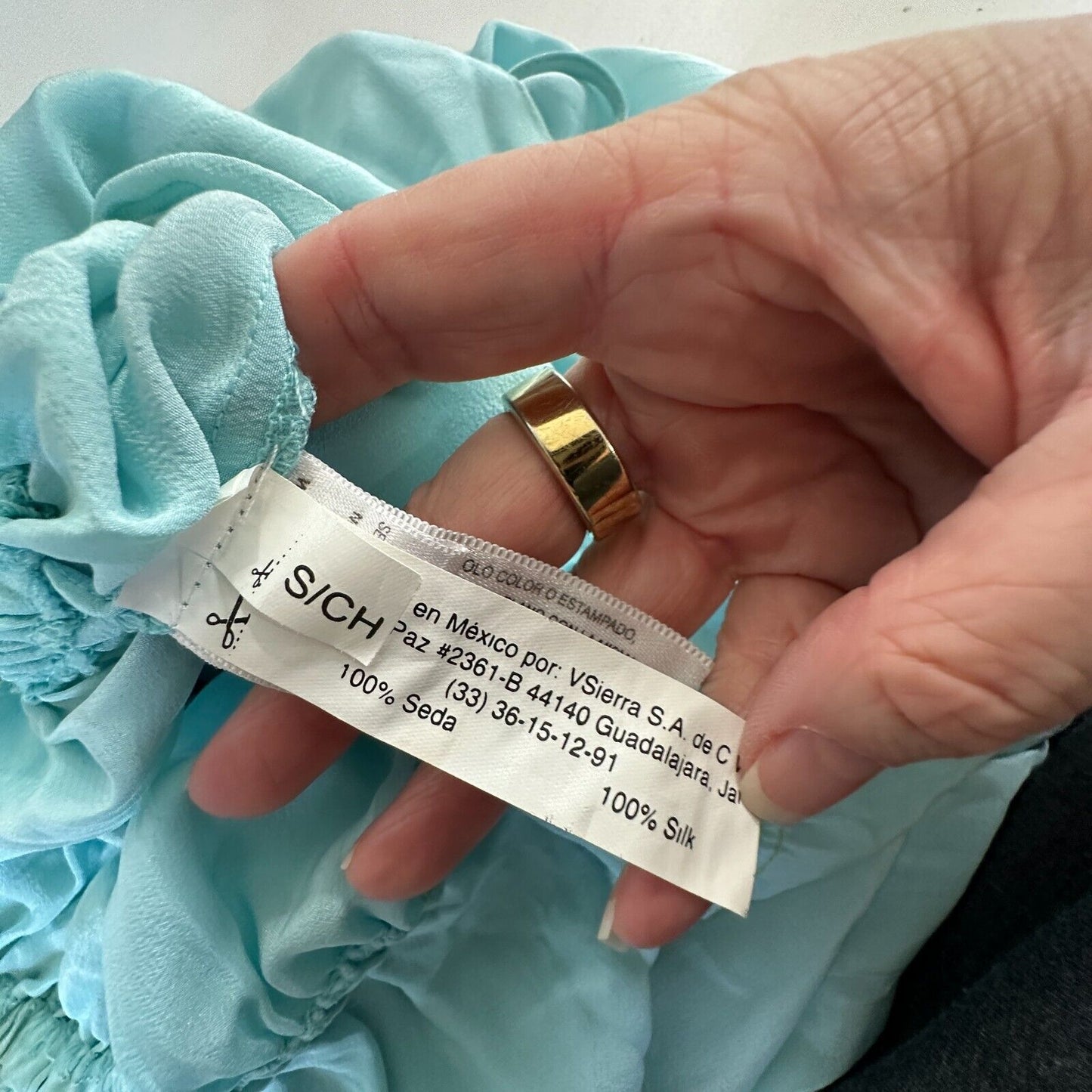 V Sierra 100% Silk Muted Aqua Spaghetti Strap V-Neck Tiered Ruffle Maxi Dress S