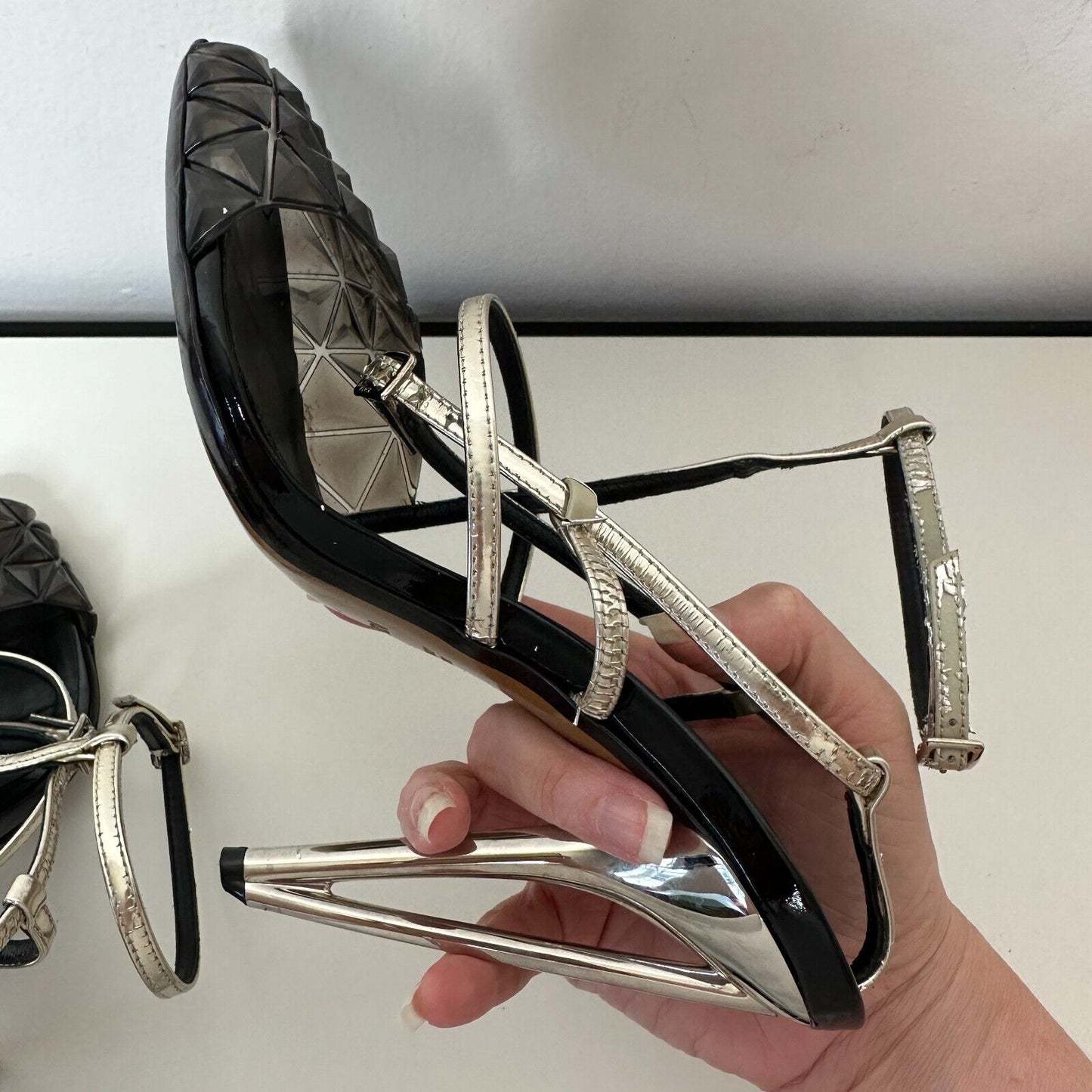 Fendi Cute Black Silver Iridia PVC Buckle Pyramid Metallic Strap Sandals 39