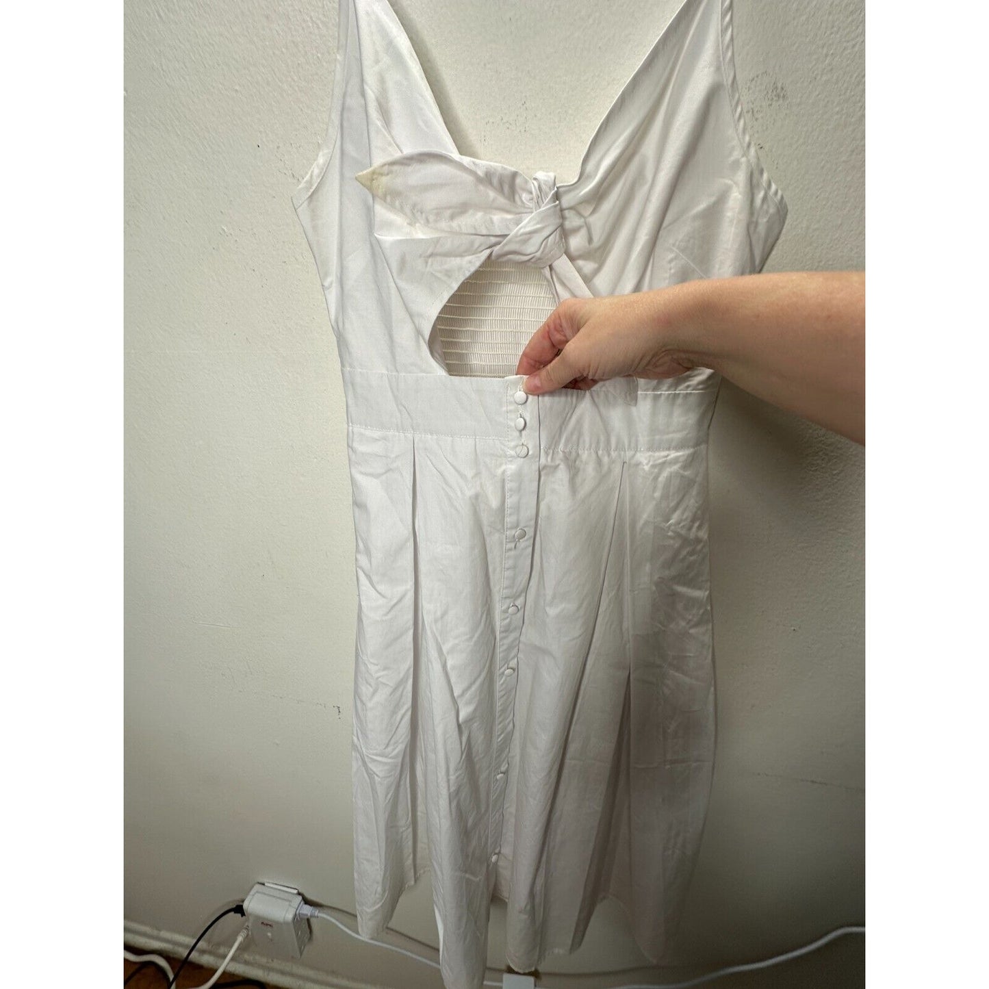 White Front Tie Spaghetti Strap Open Stomach Front Button Flowy Summer Dress M