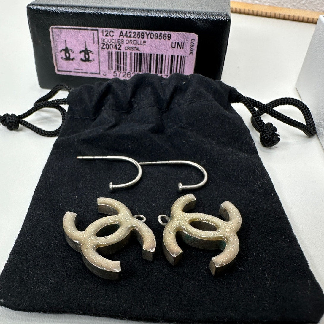 Chanel Baguette Stone Logo Silver Earrings Boucles Oreille Crystal