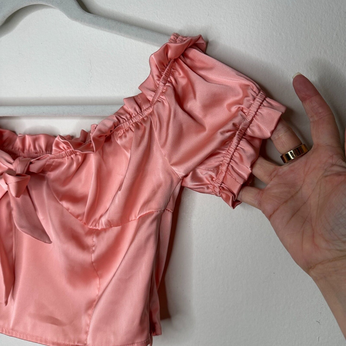 Nasty Gal Peachy Pink Satin Bodice Off Shoulder Crop Tie Close Ruffle Edge Top 6