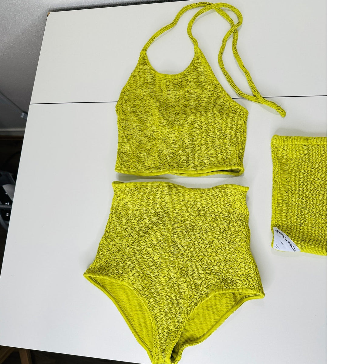 Bottega Veneta Chartreuse Seersucker Halterneck Bikini Set W/ Bag 42 / 6