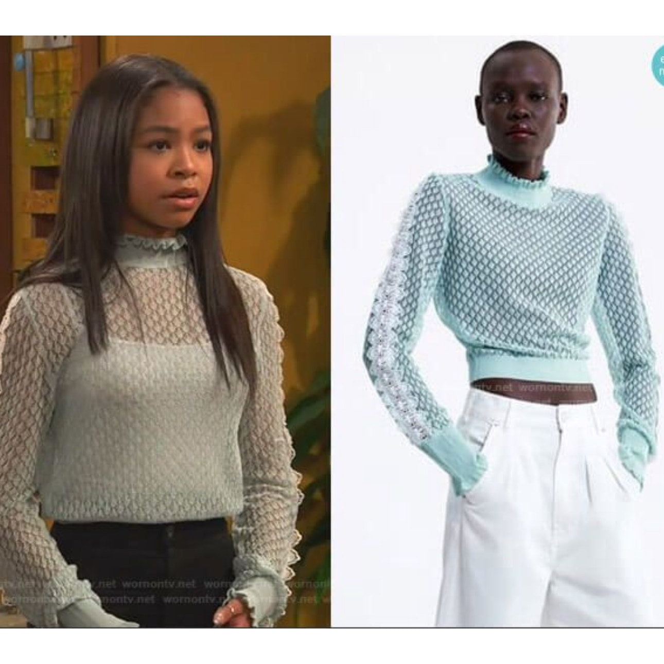 ZARA Aqua Crochet Knit White Lace Stripe Ruffle Neck  Crop Sweater S