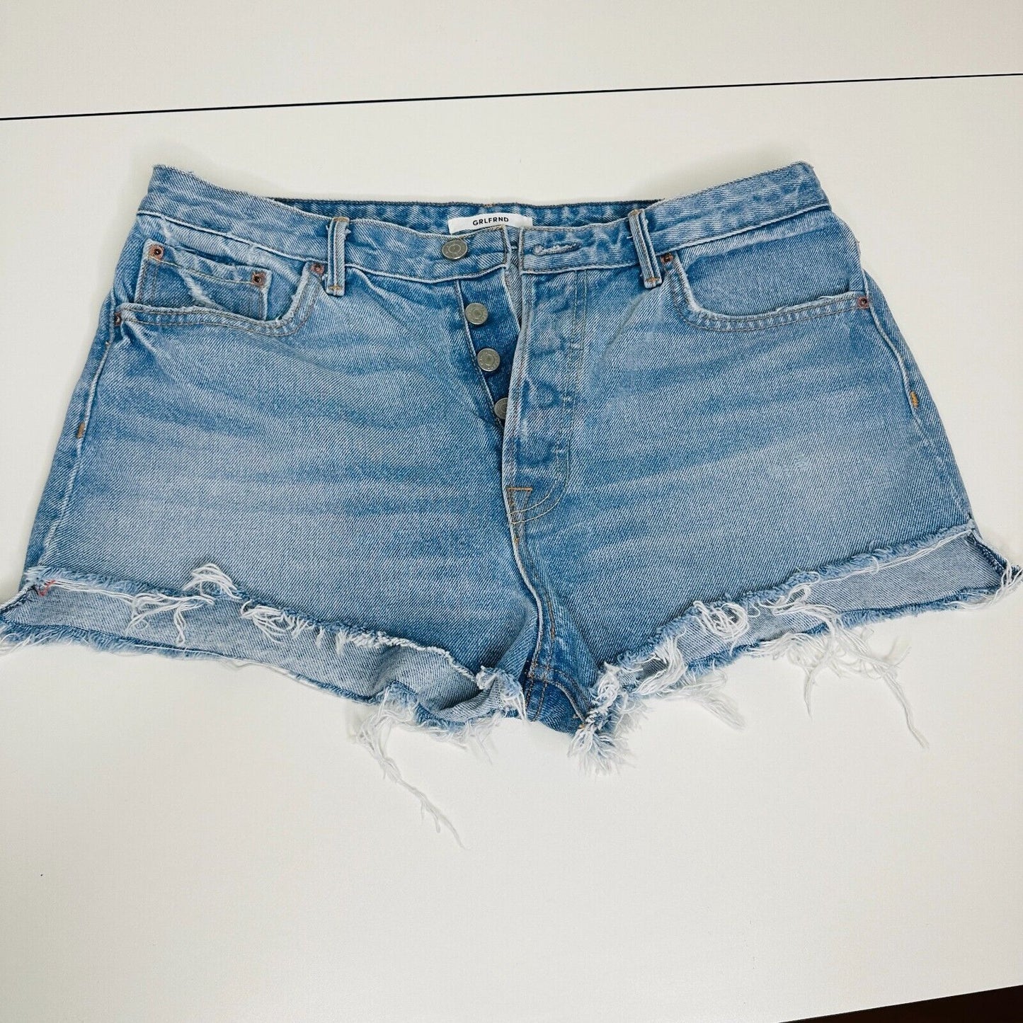 Grlfrnd Medium Wash Can't Get Enough Cindy Button Fly Cutoff Raw Hem Shorts 31