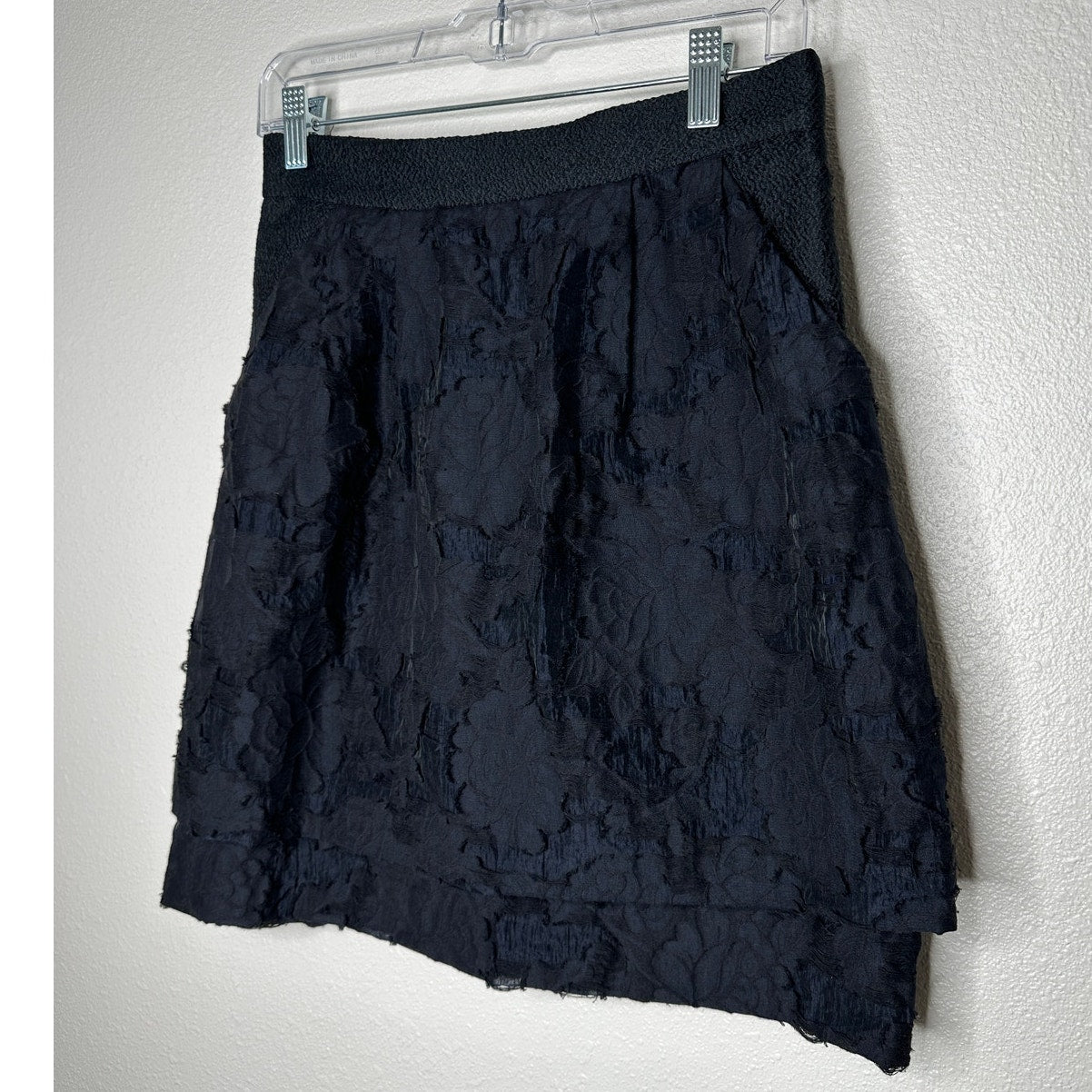 H&M Black Tiered Burnout Jacquard Weave Lace Pockets Back Zip Mini Skirt 8