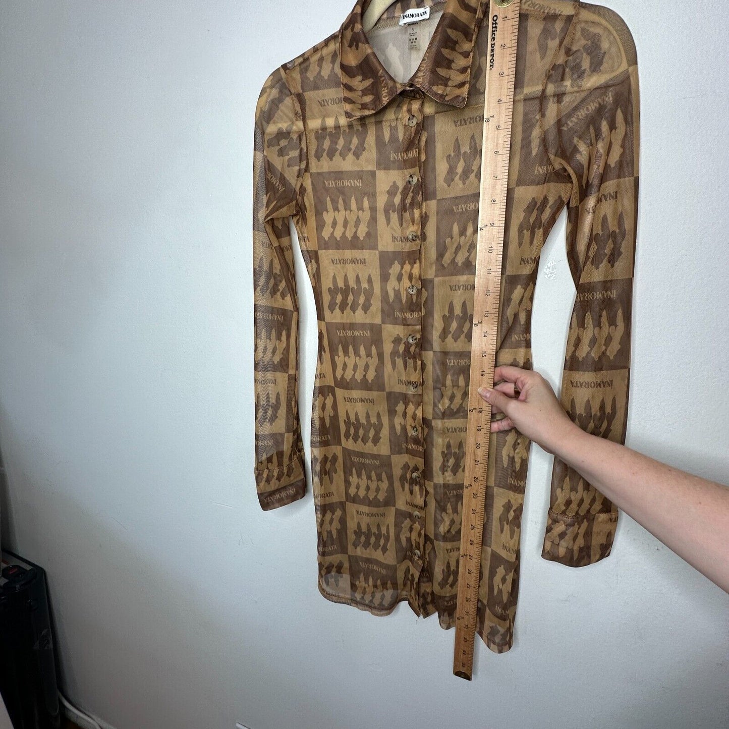 Inamorata Riviera Brown Check Mesh Dress Long Sleeve Button Up Mini Dress S